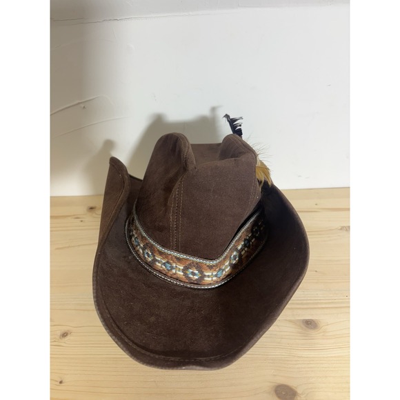 Vintage Rancher Style Cowboy Hat w Feather Pins Band‎ Brown EE13